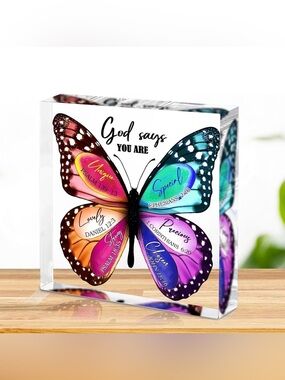 NEW 🦋 Butterfly Acrylic "GOD SAYS YOU ARE" Multicolored Decor Display